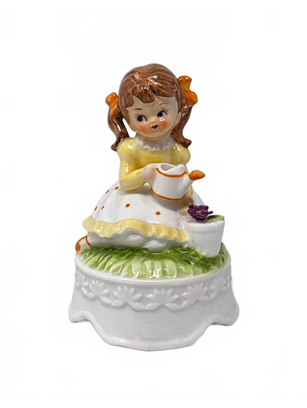 Vintage Ceramic Girl Watering Can Music Box Yellow Dress Working